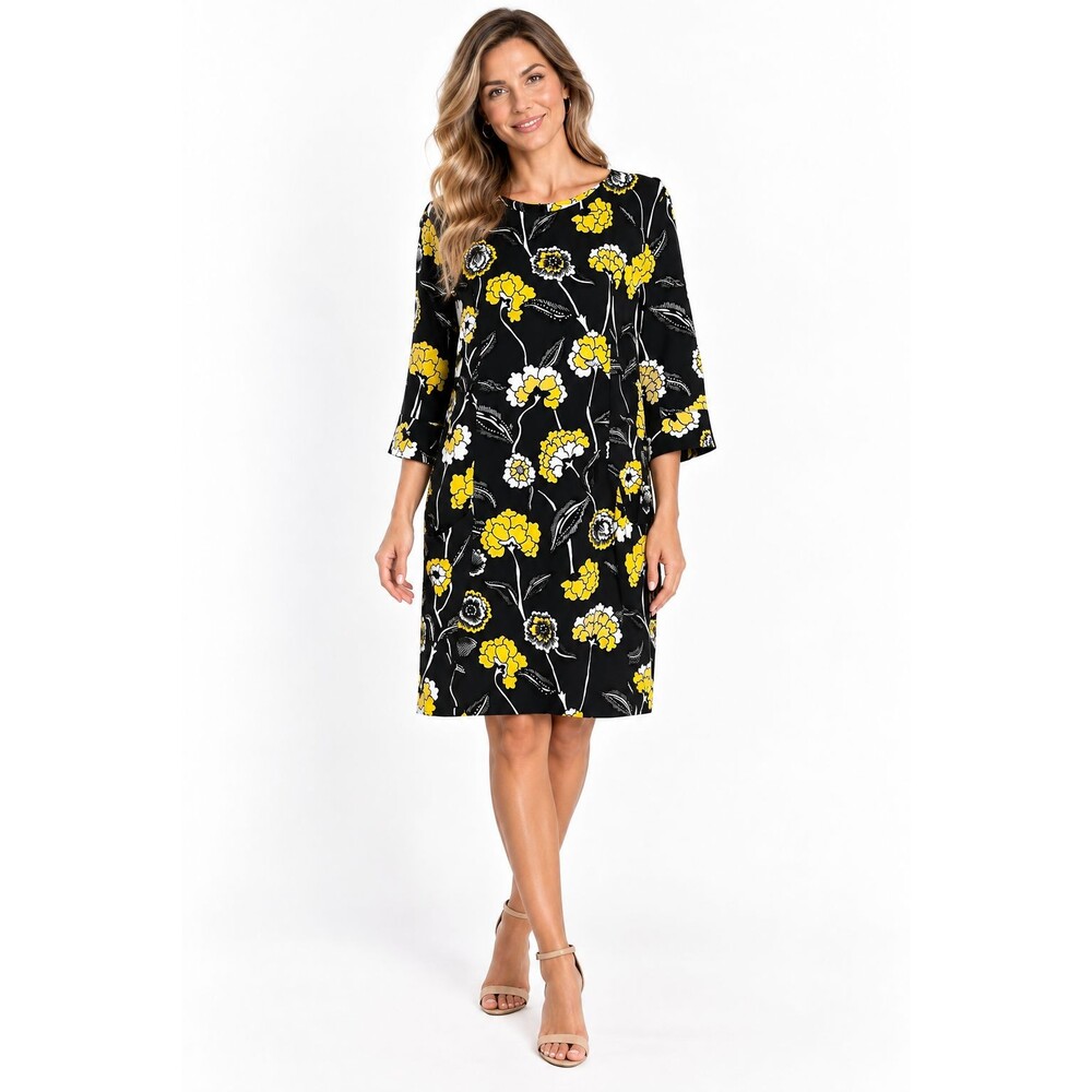 Boden Isabelle Floral Dress Size 14 US Shift Pockets Black Yellow 3/4 Sleeve